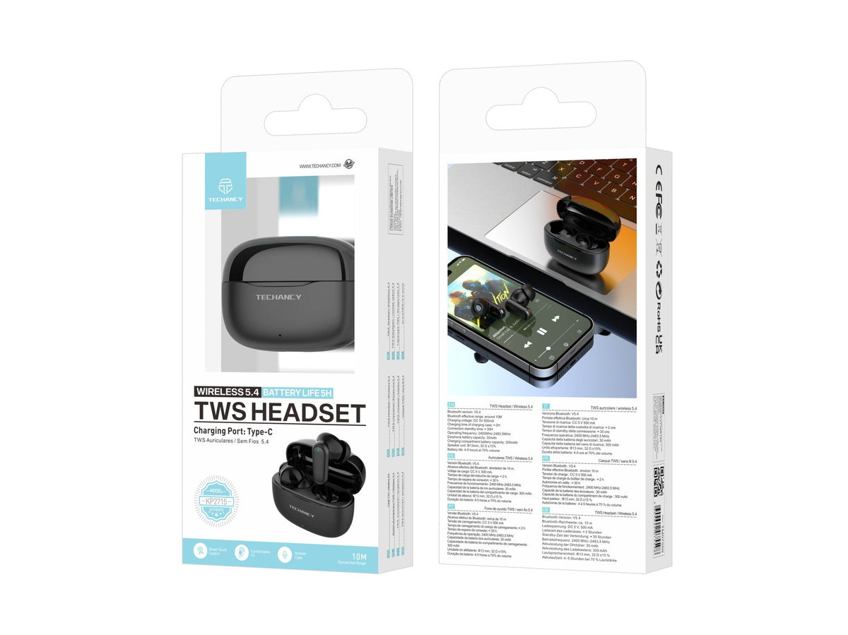 Techancy Auriculares Bluetooth TWS Wireless 5.4 KP2715 Microfone HD Toque inteligente USB C para Android iPhone Preto-4