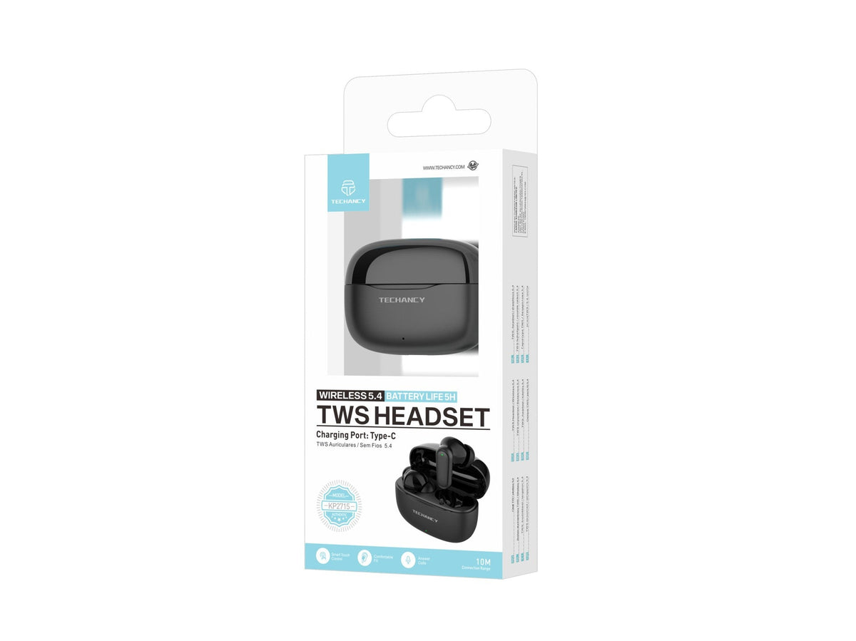 Techancy Auriculares Bluetooth TWS Wireless 5.4 KP2715 Microfone HD Toque inteligente USB C para Android iPhone Preto-3